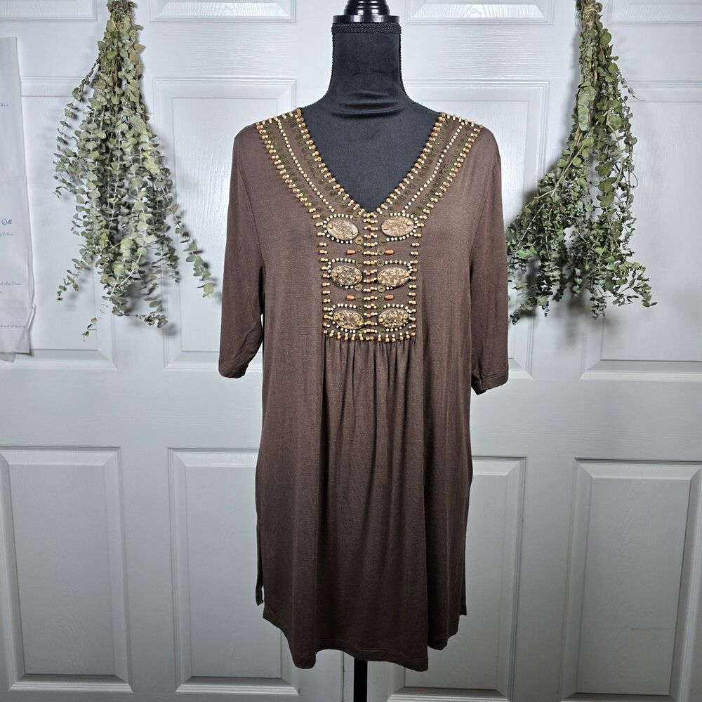 Lane Bryant Brown Tunic Wooden Beads Embroidered 14/16